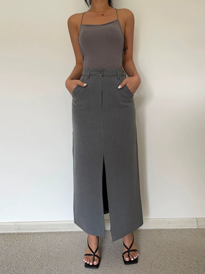 French Style Retro Internet Hot High Waist Front Slit Suit Skirt over the Knee Long Sheath Drape A- line Dress Women