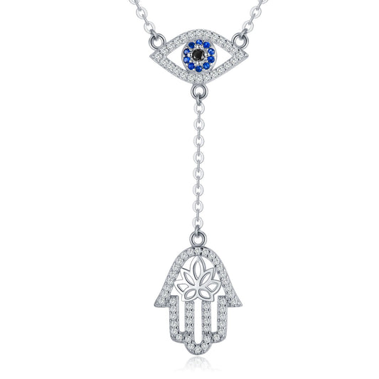 925 Sterling Silver Hamsa Hand Evil Eye Pendant Cubic Zirconia Protection Amulet Necklace - BLUTIFUL1