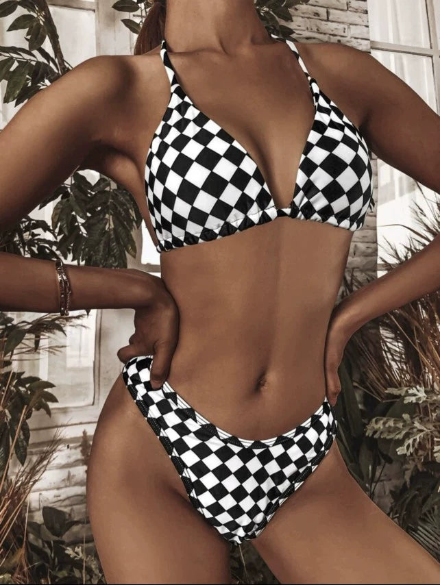 Plaid Chessboard Mesh 3-Piece Swimsuit Set with Sun Protection