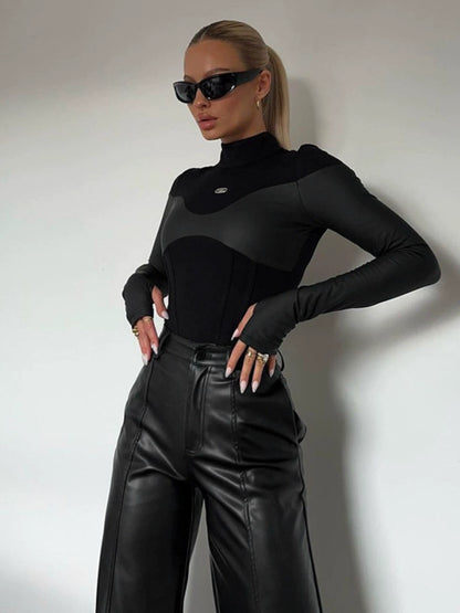 Long Sleeved Tight Hot Girl Jumpsuit Patchwork Long Sleeves Tight Fit Sexy Jumpsuit