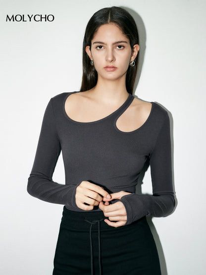 Off-the-Shoulder Stylish Diagonal Collar Niche Upper Clothes Long Sleeves T-shirt