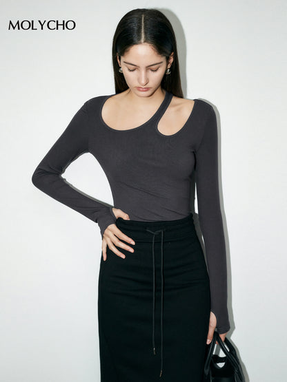 Off-the-Shoulder Stylish Diagonal Collar Niche Upper Clothes Long Sleeves T-shirt