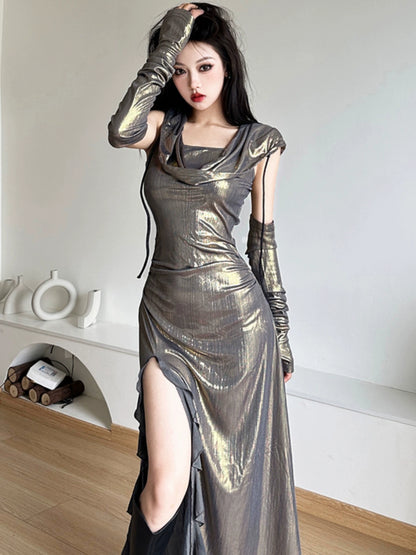 Glossy Swing Tie Oversleeve Slim Fit Dress