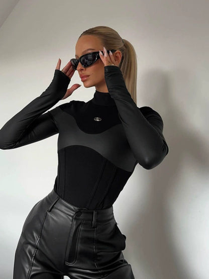 Long Sleeved Tight Hot Girl Jumpsuit Patchwork Long Sleeves Tight Fit Sexy Jumpsuit