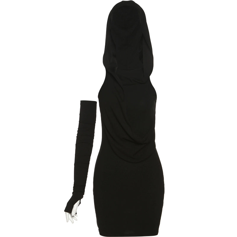 Kliou Doomsday Style Retro Black Hooded Dress Women's Stylish Slim Fit Thin Band Oversleeve Skirt