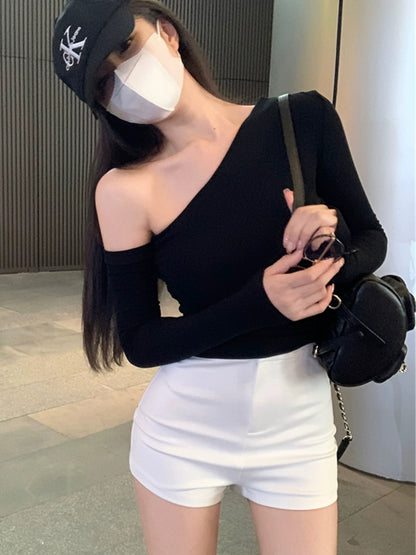 Strapless Diagonal Collar Early Autumn Stylish Slim Fit Long-Sleeved shirt