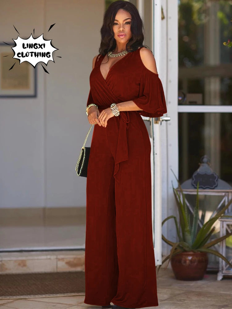 2025 Spring/Summer Women's jumpsuit loose and elastic V-neck off shoulder