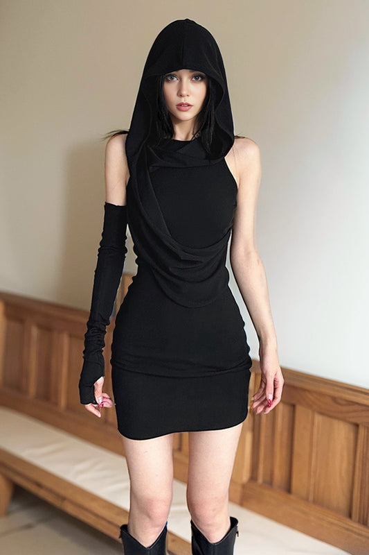 Kliou Doomsday Style Retro Black Hooded Dress Women's Stylish Slim Fit Thin Band Oversleeve Skirt