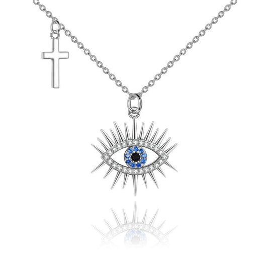 Evil Eye Necklace 925 Sterling Silver Cross Pendent Blue and White Good Luck Evil Eye Necklace - BLUTIFUL1
