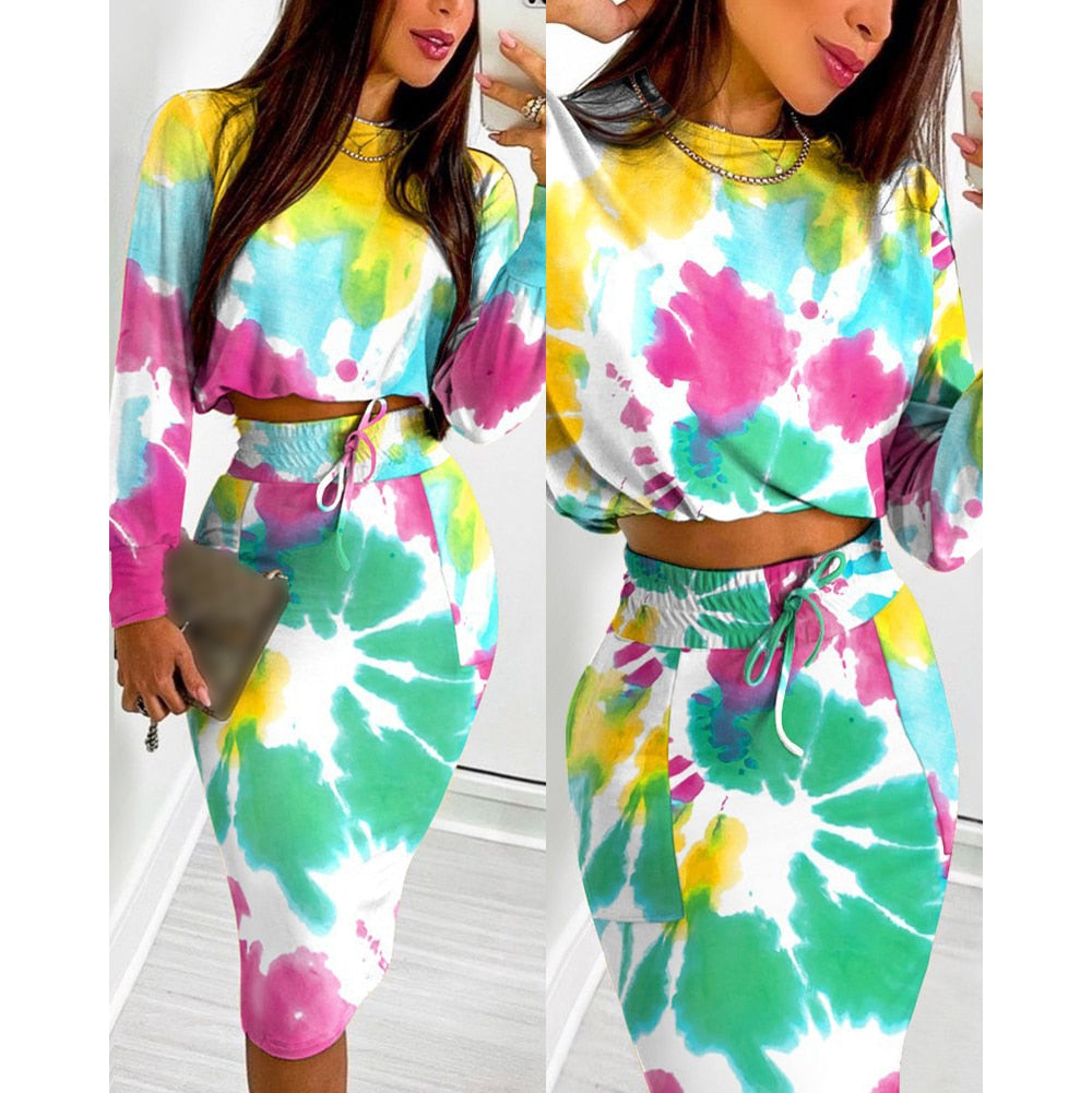 Sexy Long Sleeve bodycon Autumn Print Cropped Two Piece Set