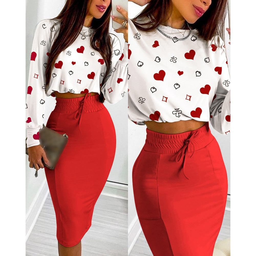 Sexy Long Sleeve bodycon Autumn Print Cropped Two Piece Set