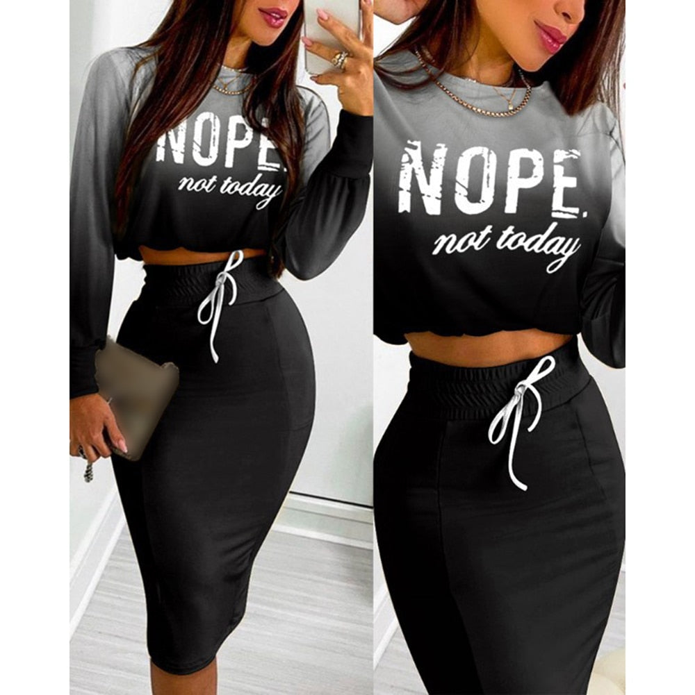 Sexy Long Sleeve bodycon Autumn Print Cropped Two Piece Set