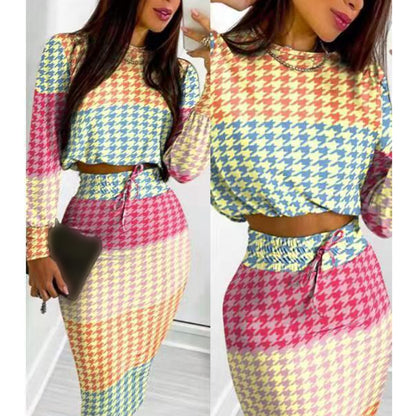 Sexy Long Sleeve bodycon Autumn Print Cropped Two Piece Set