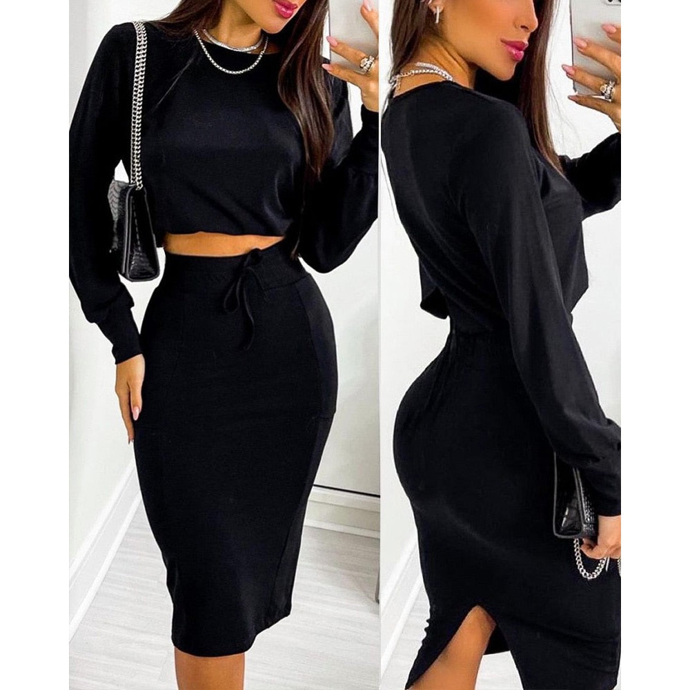 Sexy Long Sleeve bodycon Autumn Print Cropped Two Piece Set