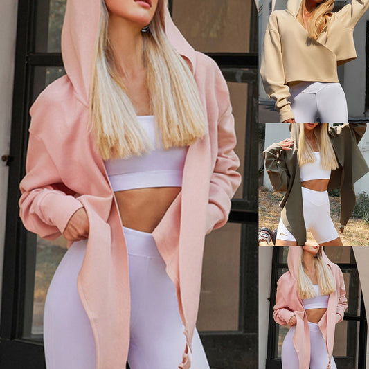 Hooded Jacket Casual Sports Sweater Fashion Crop Top Long Sleeved Irregular Cardigan Blouse