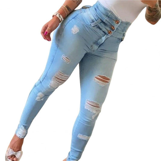 Skinny Single Breasted Button Fly Distressed Ripped High Waist Denim Pencil Pants